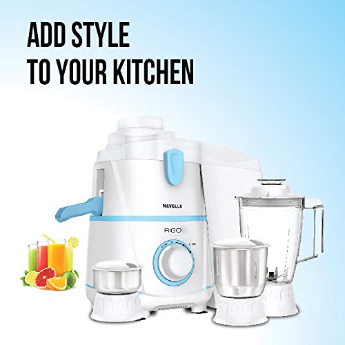 Havells Rigo 500 Watt Juicer Mixer Grinder with 3 Jar (White & Light Blue)