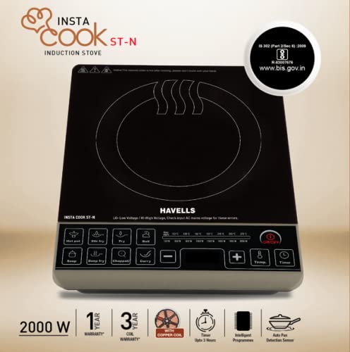 Havells Insta Cook ST-N Energy Efficent Induction (Black), 2000 Watt, with 9 Cooking Option, Digital LED Dispay, Auto Pan Detection Sensor & Copper Coil with 3 Year Warranty