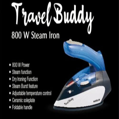 Havells Travel Buddy 800 watt Steam Iron with Steam Burst, Cermanic Sole Plate, Foladable Handle, Horizontal & Vertical Steaming , 2 Years warranty. (Blue Grey)