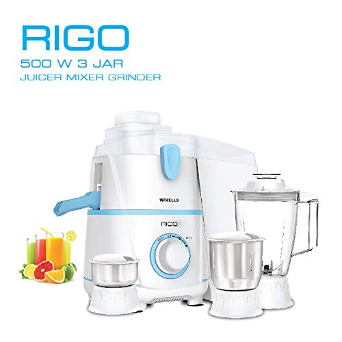 Havells Rigo 500 Watt Juicer Mixer Grinder with 3 Jar (White & Light Blue)