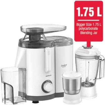 Havells Endura Cresta Juicer Mixer Grinder, 500W, 3 Jar (White and Grey)