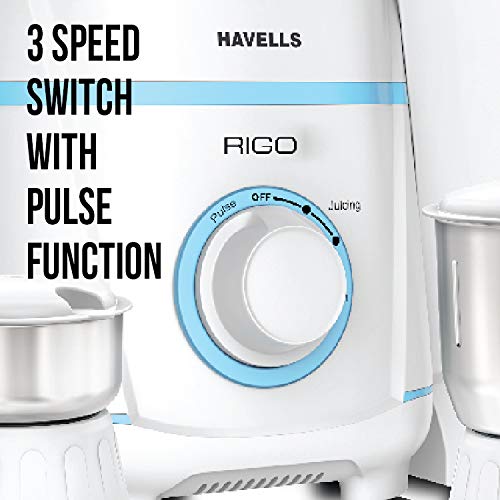 Havells Rigo 500 Watt Juicer Mixer Grinder with 3 Jar (White & Light Blue)