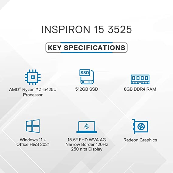 Dell Inspiron 3525 Laptop, AMD R3-5425U, 8GB, 512GB, 15.6" (39.62Cms) FHD WVA AG 120Hz 250 nits, Win 11 + Office'21, Platinum Silver, 1.68Kgs (D560764WIN9S)