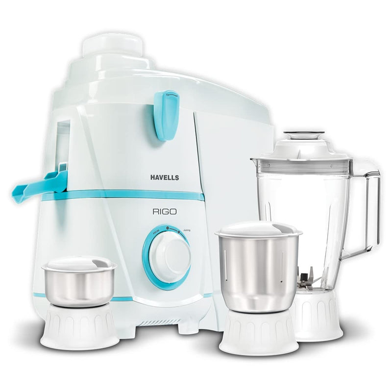 Havells Rigo 500 Watt Juicer Mixer Grinder with 3 Jar (White & Light Blue)