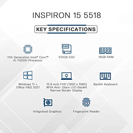 Dell Inspiron 5518 Laptop, Intel i5-11320H, 16GB, 512GB SSD, Win 11 + MS Office'21, 15.6" (39.62Cms) FHD Display, Platinum Silver, FPR + Backlit KB (D560695WIN9S, 1.64Kg)