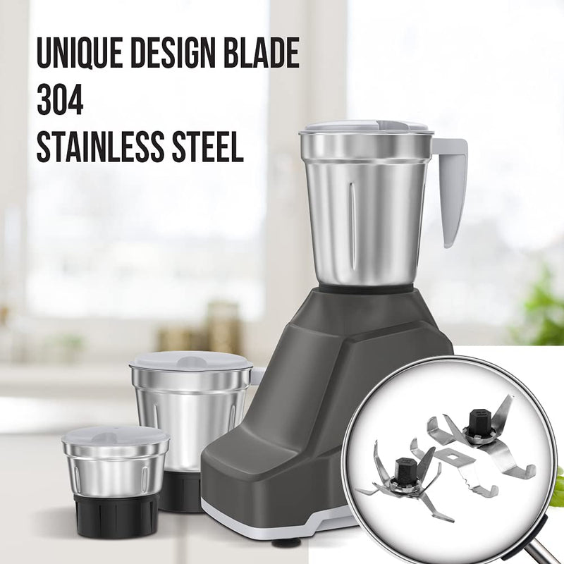 Havells Genie 500 Watt Mixer Grinder with 3 Stainless Steel Jar, SS-304 Grade Blades, Power indicator & 5 year motor warranty (Grey)