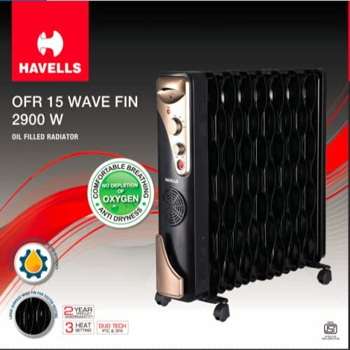 Havells OFR 15 Wave Fins with Fan 2900 watt (Black), (GHROFBZK290)