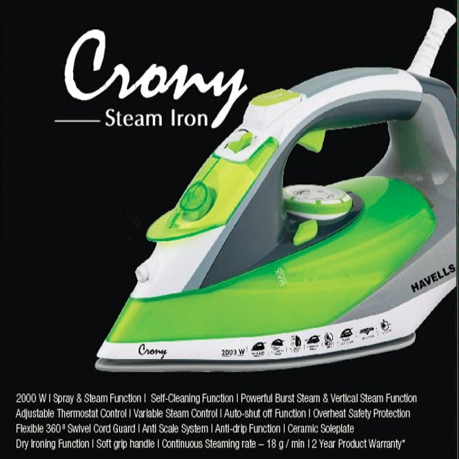 HAVELLS Crony 2000 W Steam Iron with Auto Shut Off, Steam Burst, Vertical, Horizontal Ironing, Anti Drip, Self-Cleaning & Anti Calc Technology. (Grey-Green)