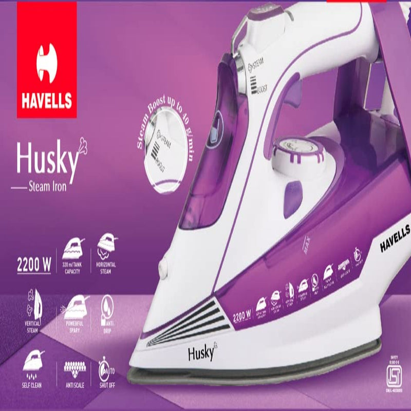 HAVELLS Husky 2200 W Steam Iron with Auto Shut Off, Steam Boost, Vertical, Horizontal Ironing, Anti Drip, Self-Cleaning & Anti Calc Technology. (Purple)