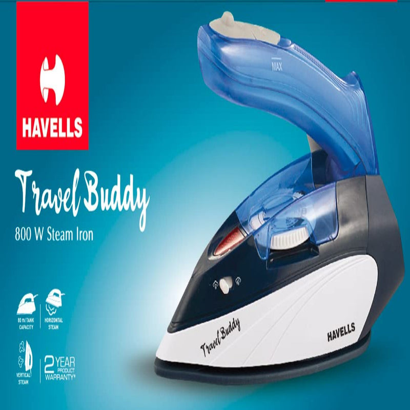 Havells Travel Buddy 800 watt Steam Iron with Steam Burst, Cermanic Sole Plate, Foladable Handle, Horizontal & Vertical Steaming , 2 Years warranty. (Blue Grey)