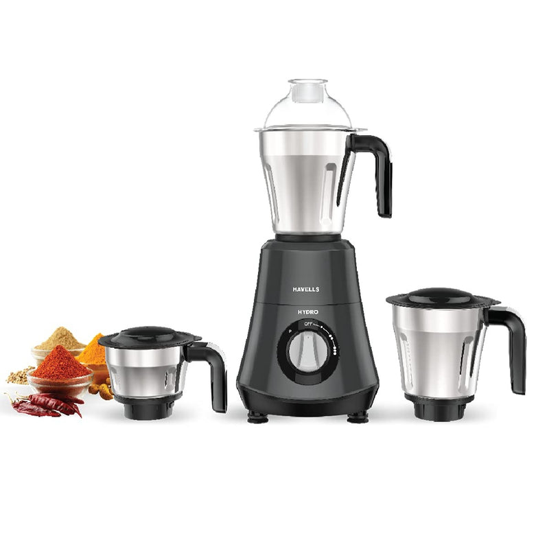 Havells Hydro 750 watt Mixer Grinder with 3 Wider mouth Stainless Steel Jar, Hands Free operation, SS-304 Grade Blade & 5 year motor warranty (black)