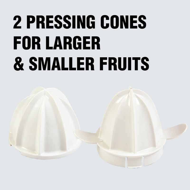 Havells Citrus Press 30 Watt (0.5 L) Juicer with 2 different sized pressing cones, Transparent dust cover lid, 2 two pulp filters & 2 year motor warranty (White)