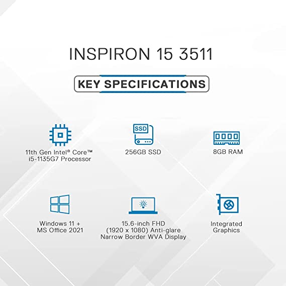 Dell Inspiron 3511 Laptop, Intel I5-1135G7, 8Gb, 256Gb Ssd, Windows 11 + Ms Office'21, 15.6 Inches (39.62Cms) Fhd Display, Carbon Black (Inspiron 3511, D560662Win9Be, 1.8Kgs)