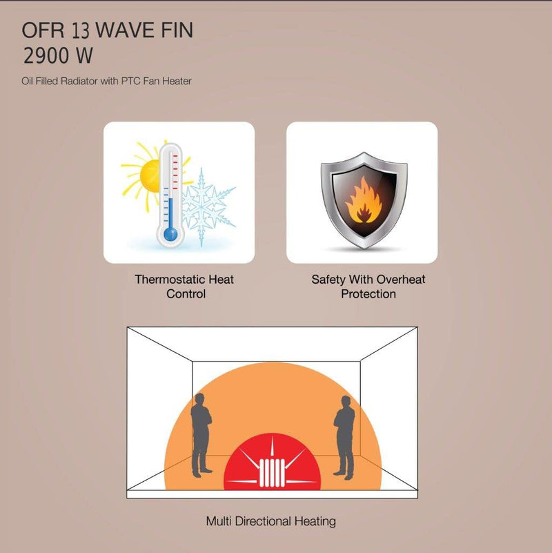 Havells OFR 13 Wave Fins with Fan - Beige, 2900 Watts Heater