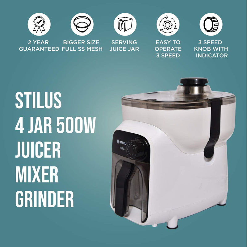 Havells Stilus 500 Watt Juicer Mixer Grinder 4 jar with 3 Speed LED Indication, Big Size Pulp Container, Juicer Jar with Fruit Filter & Sliding Spout, 1 Ltr Transparent Serving Jar (White/Black)