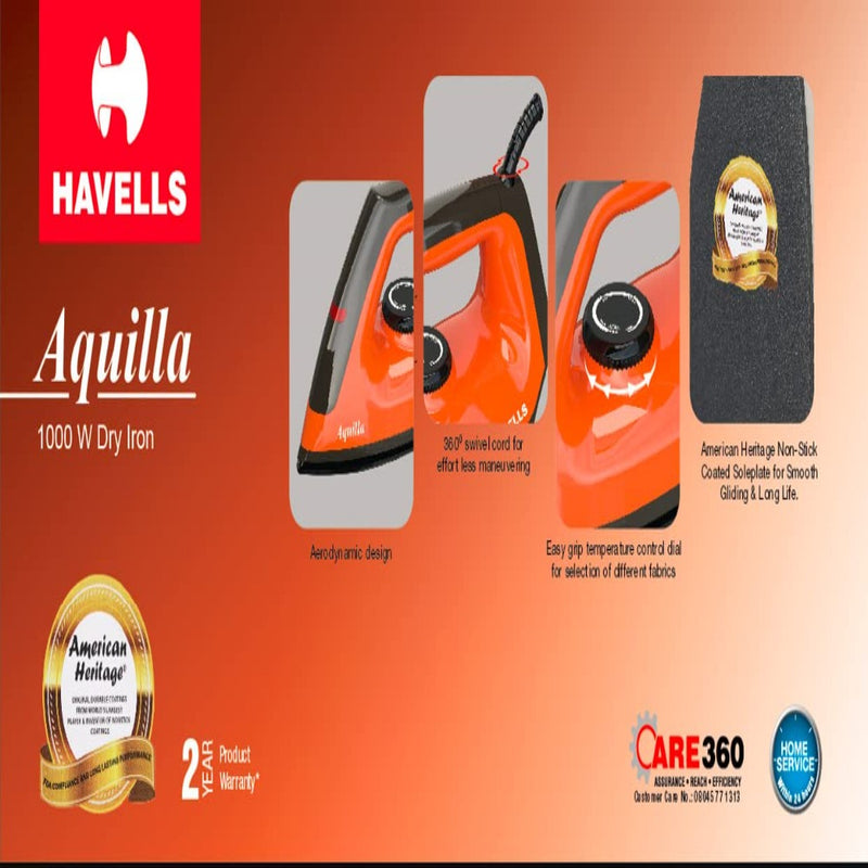 Havells Aquilla 1000 watt Dry Iron With Non Stick Sole Plate, Aerodynamic Design, Easy Grip Temperature Knob & 2 years Warranty