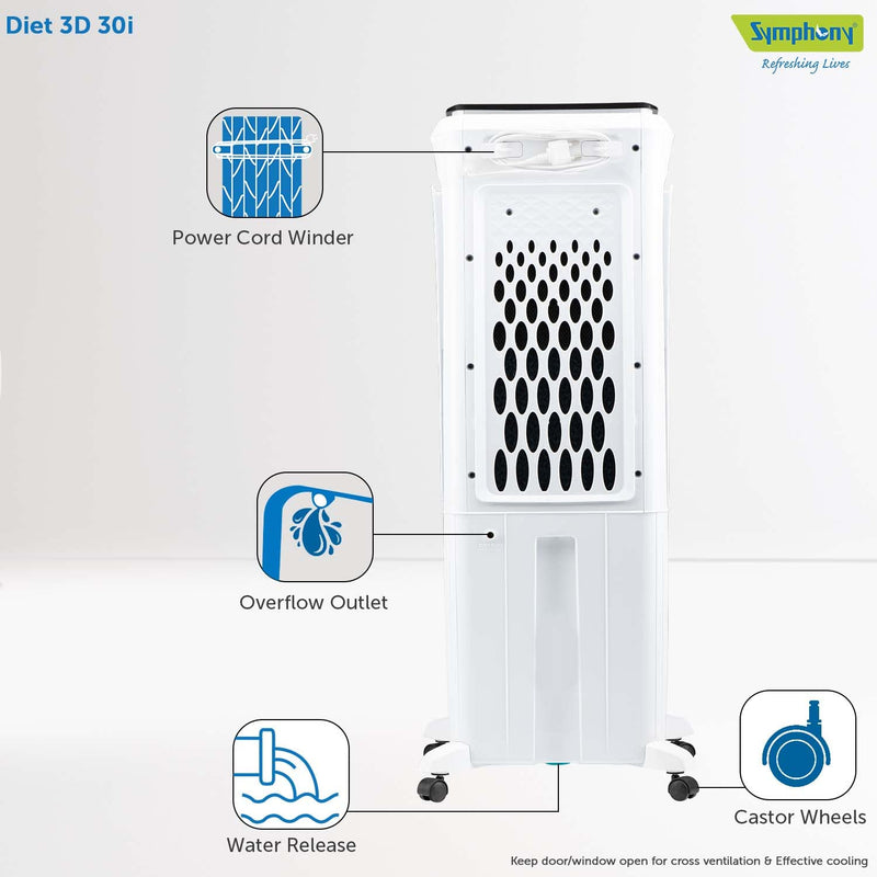 Symphony Diet 3D 30i Portable Tower Air Cooler For Home (30L, White & Black)