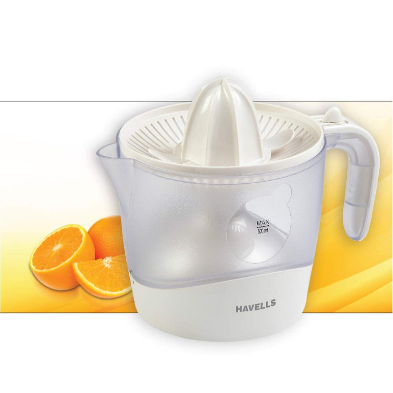 Havells Citrus Press 30 Watt (0.5 L) Juicer with 2 different sized pressing cones, Transparent dust cover lid, 2 two pulp filters & 2 year motor warranty (White)