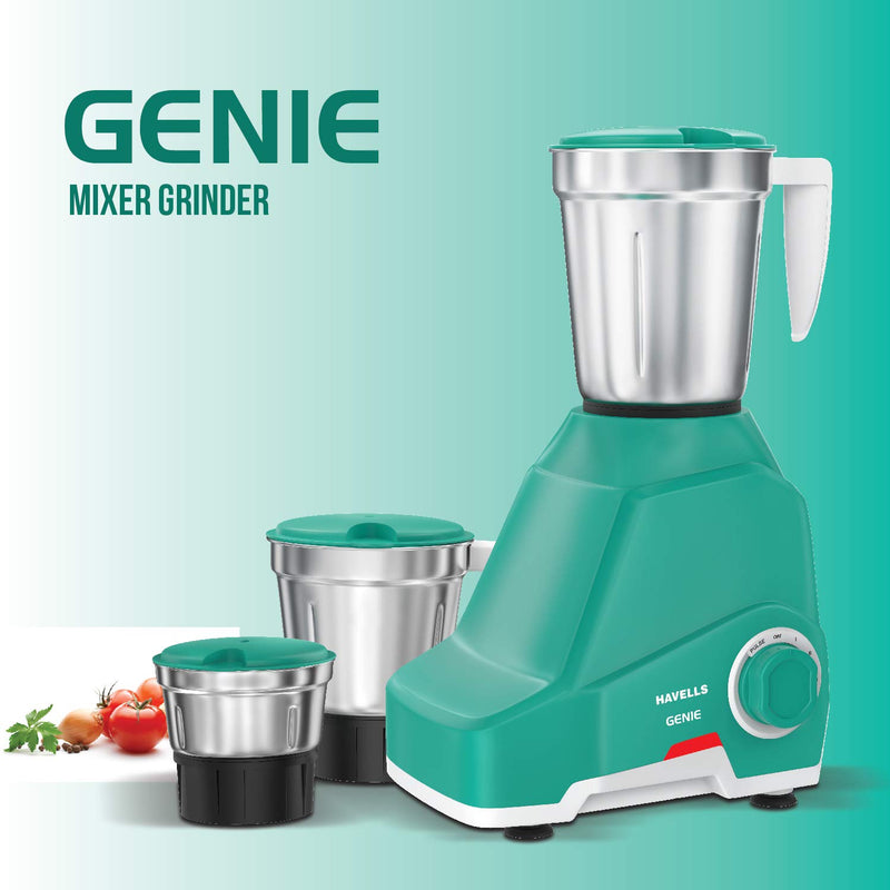 Havells Genie 500 Watt Mixer Grinder with 3 Stainless Steel Jar, SS-304 Grade Blades, Power indicator with 5 year motor warranty (Green)