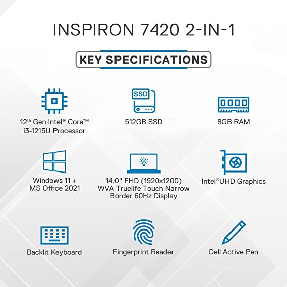 Dell Inspiron 7420 2in1 Laptop, Intel i3-1215U, 8GB, 512GB, Win 11+MSO'21, 14.0" (35.56Cms) FHD+ WVA Truelife Touch 250 nits, Platinum Silver (D560774WIN9S, 1.57Kgs) Visit the Dell Store