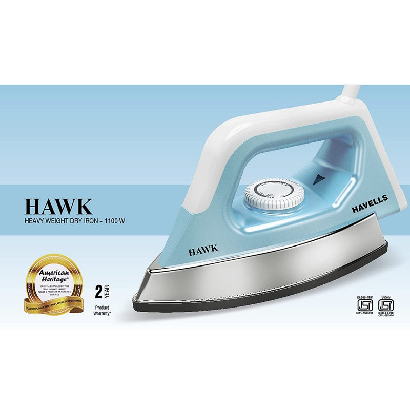 Havells Hawk 1100 watt Heavy Weight Dry Iron With American Heritage Non Stick Sole Plate, Aerodynamic Design, Easy Grip Temperature Knob & 2 years Warranty. (Blue & White)