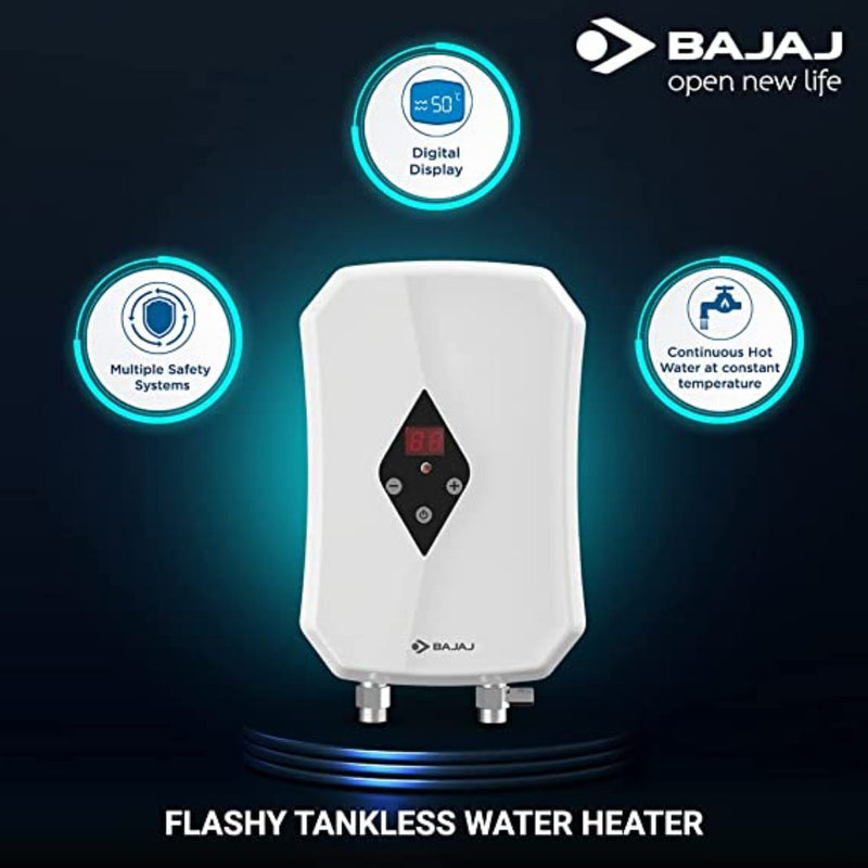 Bajaj Flashy 3kW Tankless Instant Water Heater, White