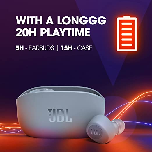 Jbl Wave 100 Bluetooth Truly Wireless in Ear Earbuds with Mic, 20 Hours Playtime, Deep Bass Sound, Use Single Earbud Or Both, Bluetooth 5.0, Voice Assistant Support for Mobile Phones (Blue)