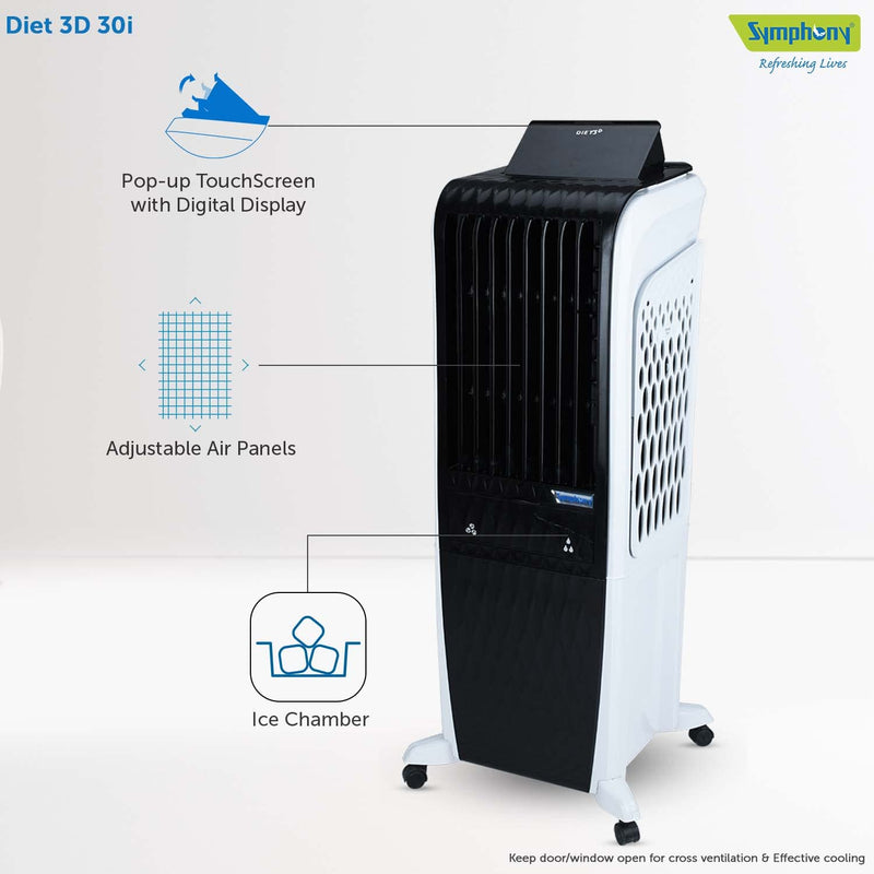 Symphony Diet 3D 30i Portable Tower Air Cooler For Home (30L, White & Black)