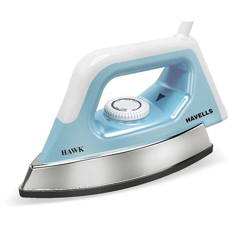 Havells Hawk 1100 watt Heavy Weight Dry Iron With American Heritage Non Stick Sole Plate, Aerodynamic Design, Easy Grip Temperature Knob & 2 years Warranty. (Blue & White)