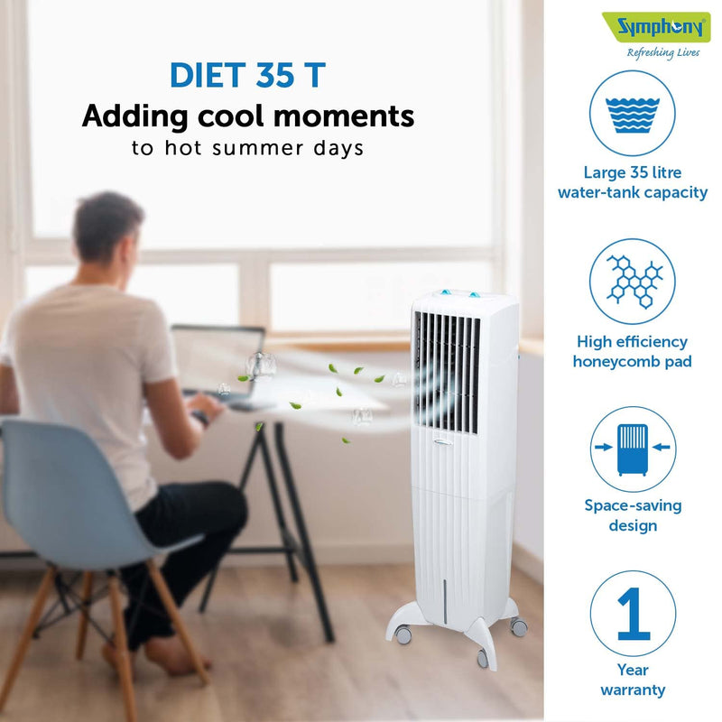 Symphony Diet 35T Personal Tower Air Cooler for Home  (35L, White)