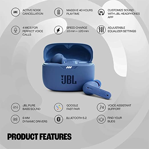 JBL Tune 230NC TWS, Active Noise Cancellation Earbuds with Mic, Massive 40 Hrs Playtime with Speed Charge, Adjustable EQ with JBL APP, 4Mics for Perfect Calls, Google Fast Pair, Bluetooth 5.2 (Blue)