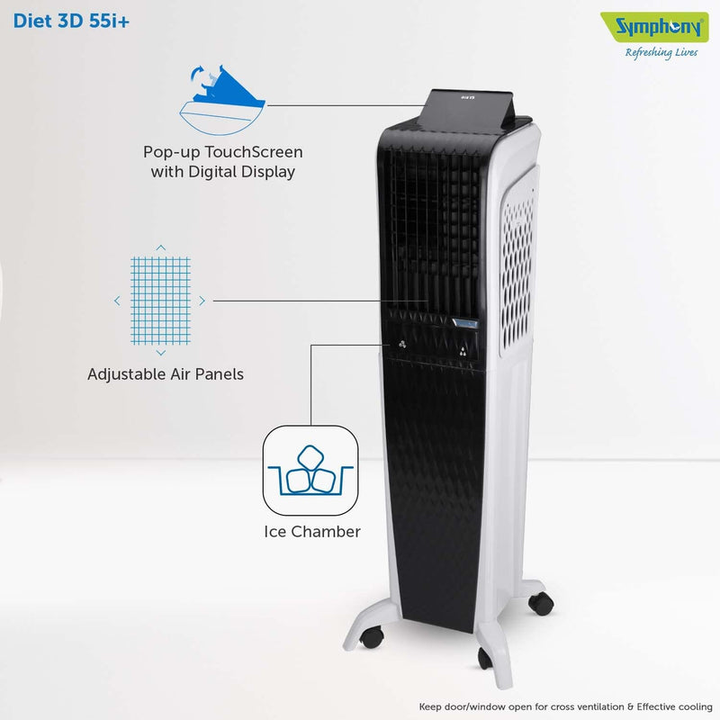 Symphony Diet 3D 55i+ Portable Tower Air Cooler (55L, White & Black)