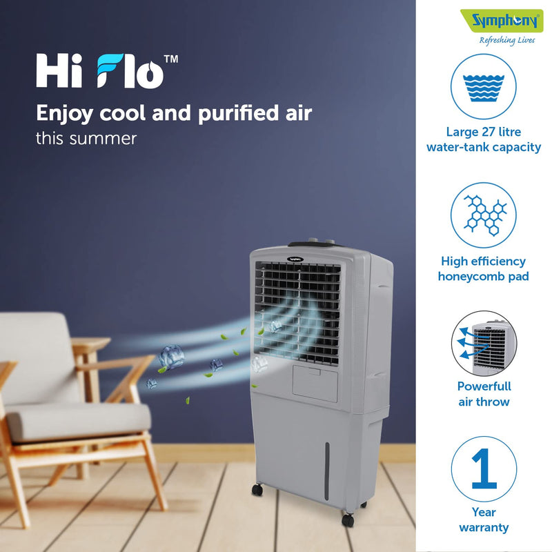 Symphony HiFlo 27 Personal Air Cooler For Home with Powerful Blower (27L, Gray)