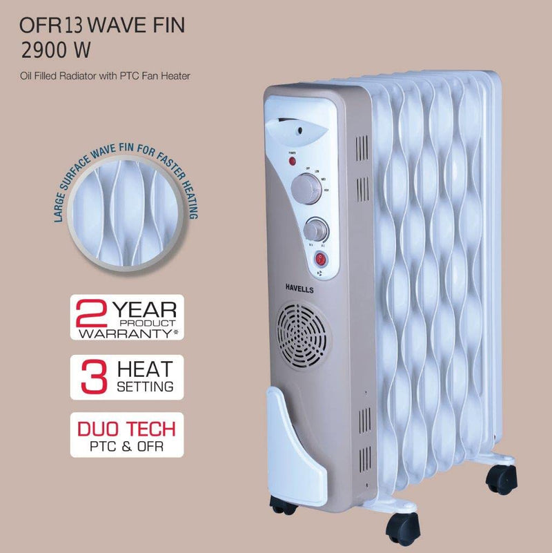 Havells OFR 13 Wave Fins with Fan - Beige, 2900 Watts Heater