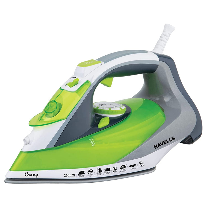 HAVELLS Crony 2000 W Steam Iron with Auto Shut Off, Steam Burst, Vertical, Horizontal Ironing, Anti Drip, Self-Cleaning & Anti Calc Technology. (Grey-Green)