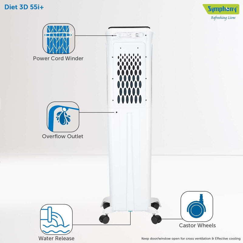 Symphony Diet 3D 55i+ Portable Tower Air Cooler (55L, White & Black)