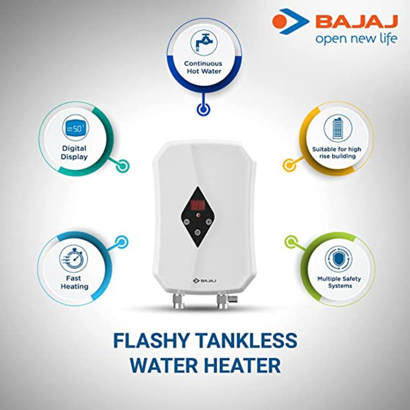 Bajaj Flashy 3kW Tankless Instant Water Heater, White