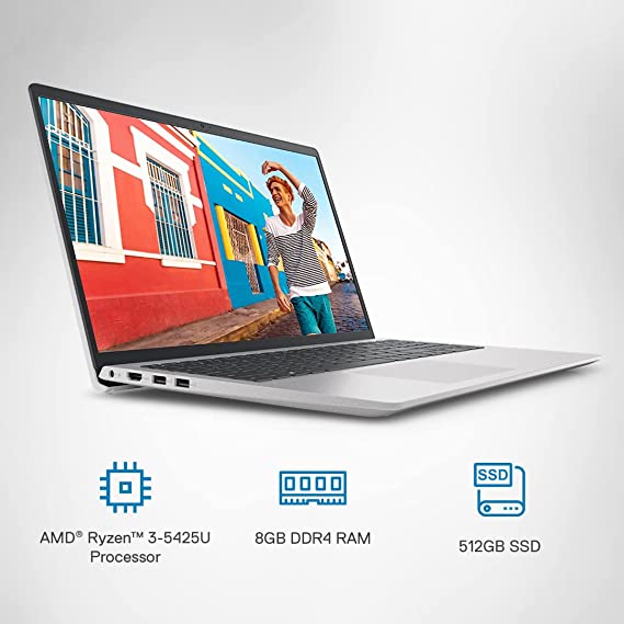 Dell Inspiron 3525 Laptop, AMD R3-5425U, 8GB, 512GB, 15.6" (39.62Cms) FHD WVA AG 120Hz 250 nits, Win 11 + Office'21, Platinum Silver, 1.68Kgs (D560764WIN9S)