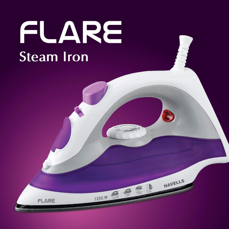 HAVELLS Flare 1250 W Steam Iron with Teflon Coated Sole Plate, Vertical & Horizontal Ironing & 2 Years Warranty. (Purple)