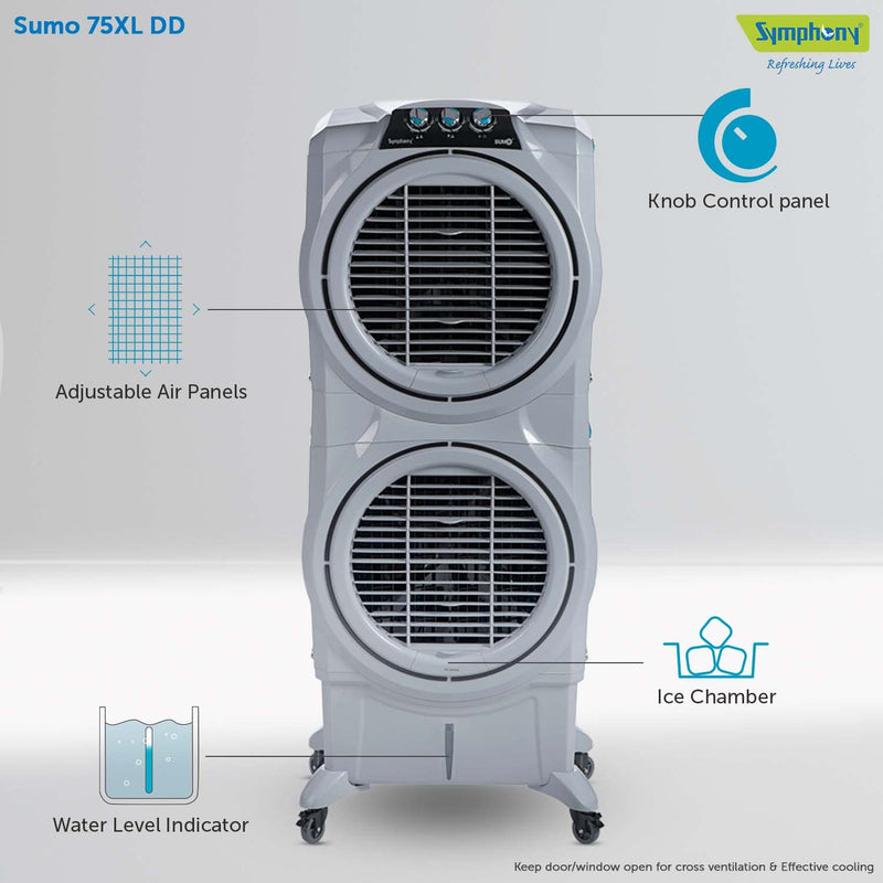 Symphony Sumo 75 XL DD Desert Air Cooler For Home, Powerful +Air Fan, i-Pure Console and Unique Double Decker Design (75L, Grey)