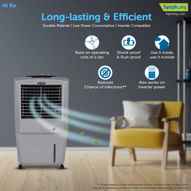 Symphony HiFlo 27 Personal Air Cooler For Home with Powerful Blower (27L, Gray)