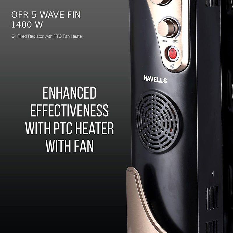 Havells OFR 5 Wave Fins with Fan 1400 watt (Black), (GHROFBXK140)