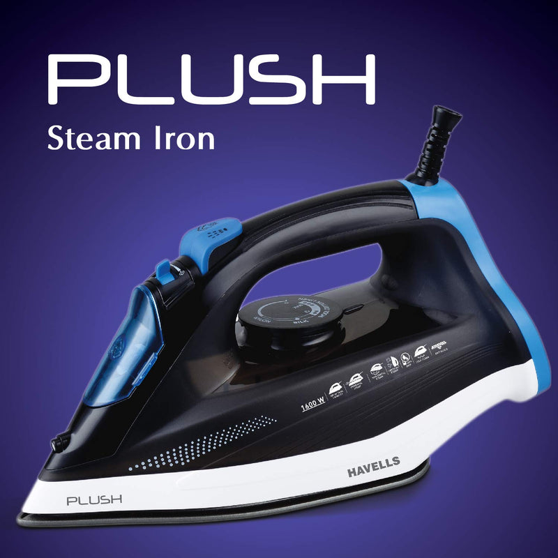 HAVELLS Plush 1600 W Steam Iron with Steam Burst, Vertical, Horizontal Ironing, Anti Drip, Self-Cleaning ,Anti Calc Technology & 2 Years Warranty. (Black)