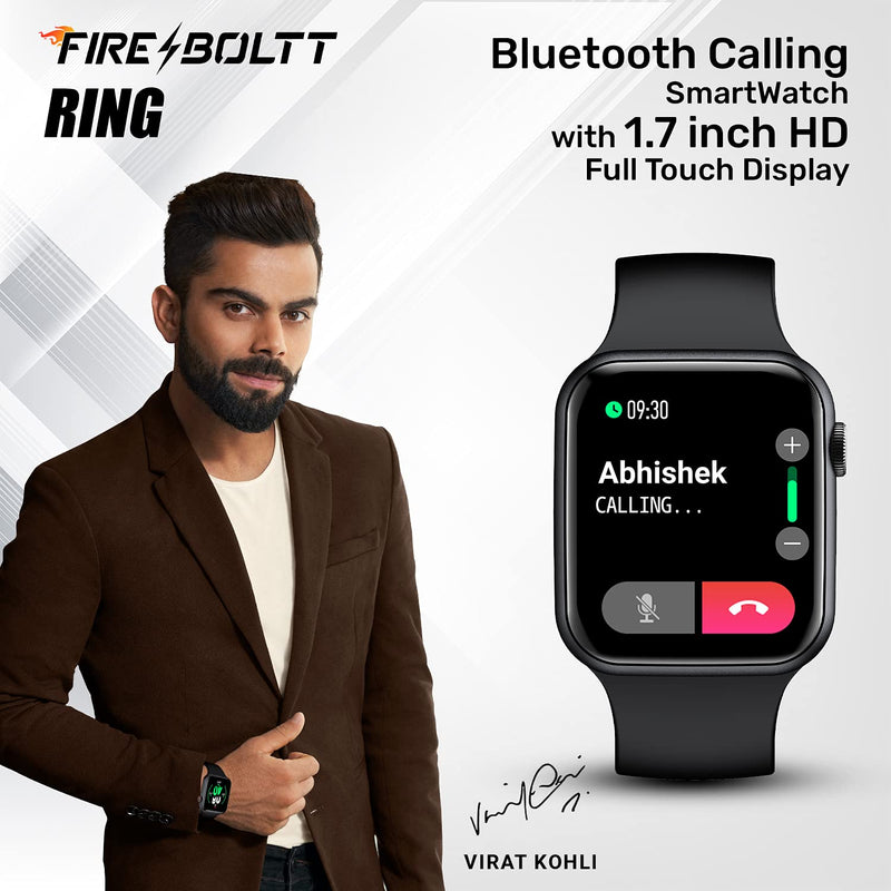 Fire-Boltt Ring Bluetooth Calling Smartwatch with SpO2 & 1.7” Metal Body with Blood Oxygen Monitoring, Continuous Heart Rate, Full Touch & Multiple Watch Faces (Black), M (BSW005)