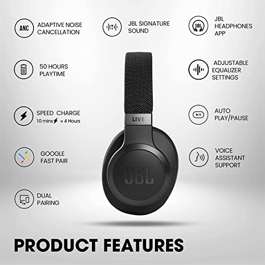 JBL Live 660NC, Smart Adaptive Noise Cancellation Headphones with Mic, Over Ear Headphone, up to 50 Hours Playtime with Quick Charge, JBL Signature Sound, Auto Play & Pause, Dual Pairing & AUX (Black)