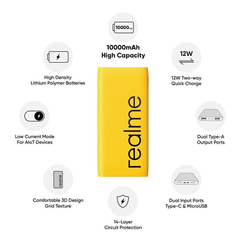 realme 10000mAh 12W Power Bank 2i Quick Charge Li-Polymer Power Bank - Yellow, Black