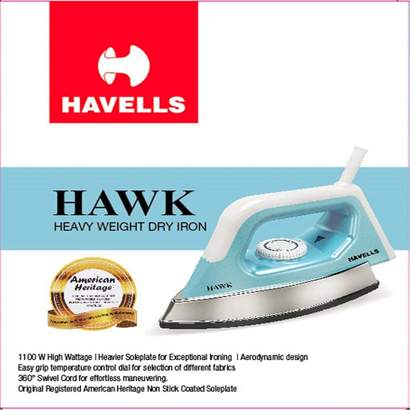 Havells Hawk 1100 watt Heavy Weight Dry Iron With American Heritage Non Stick Sole Plate, Aerodynamic Design, Easy Grip Temperature Knob & 2 years Warranty. (Blue & White)