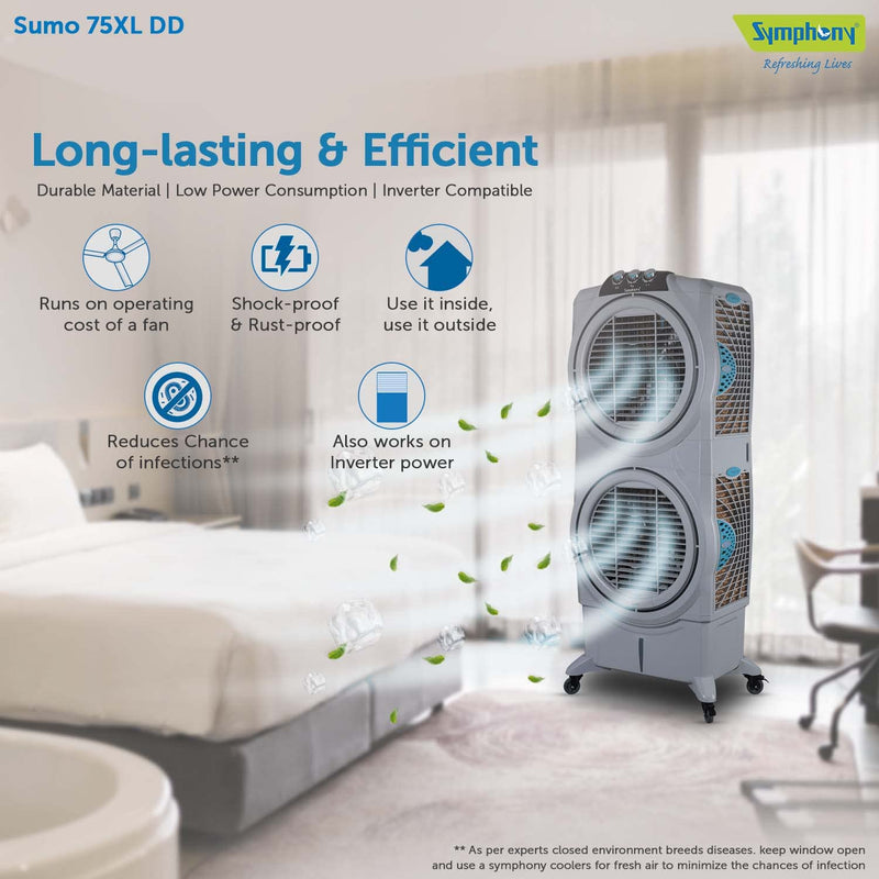 Symphony Sumo 75 XL DD Desert Air Cooler For Home, Powerful +Air Fan, i-Pure Console and Unique Double Decker Design (75L, Grey)