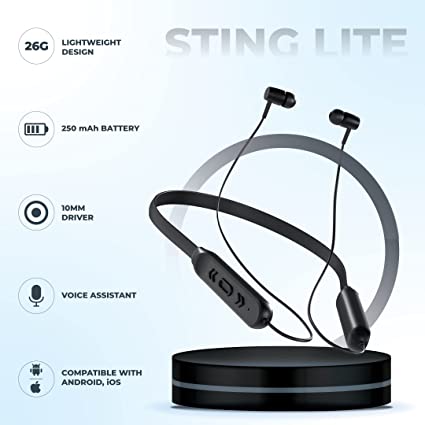 Hammer Sting Lite in-Ear Phone, Wireless Smart Neckband, Made in India, Upto 20 Hours Battery Backup, Lightweight Design, Mic for Calling, IPX4 Rated (Black)