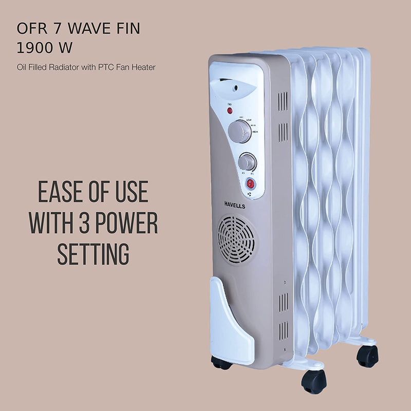 Havells OFR 7 Wave Fins with Fan 1900 watt (Beige), (GHROFBYC190) white